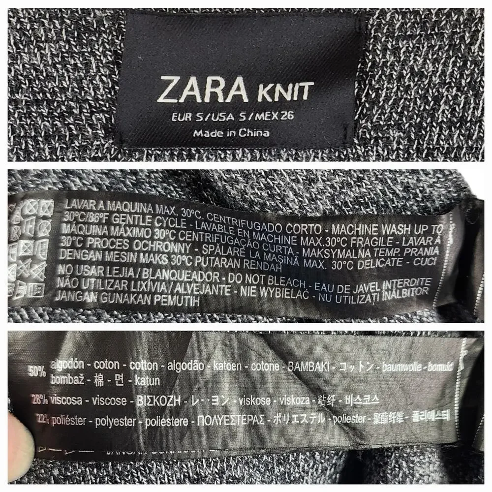 Zara‎ S Womens Cardigan Sweater Gray Black Oversized Open Front Faux Leather